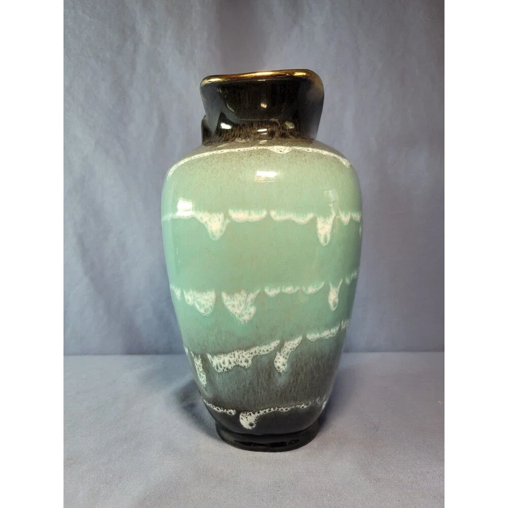 Drip Lava Vase Glazed German Tulip UNIQUE Green Black & Gold Vintage 8.5''